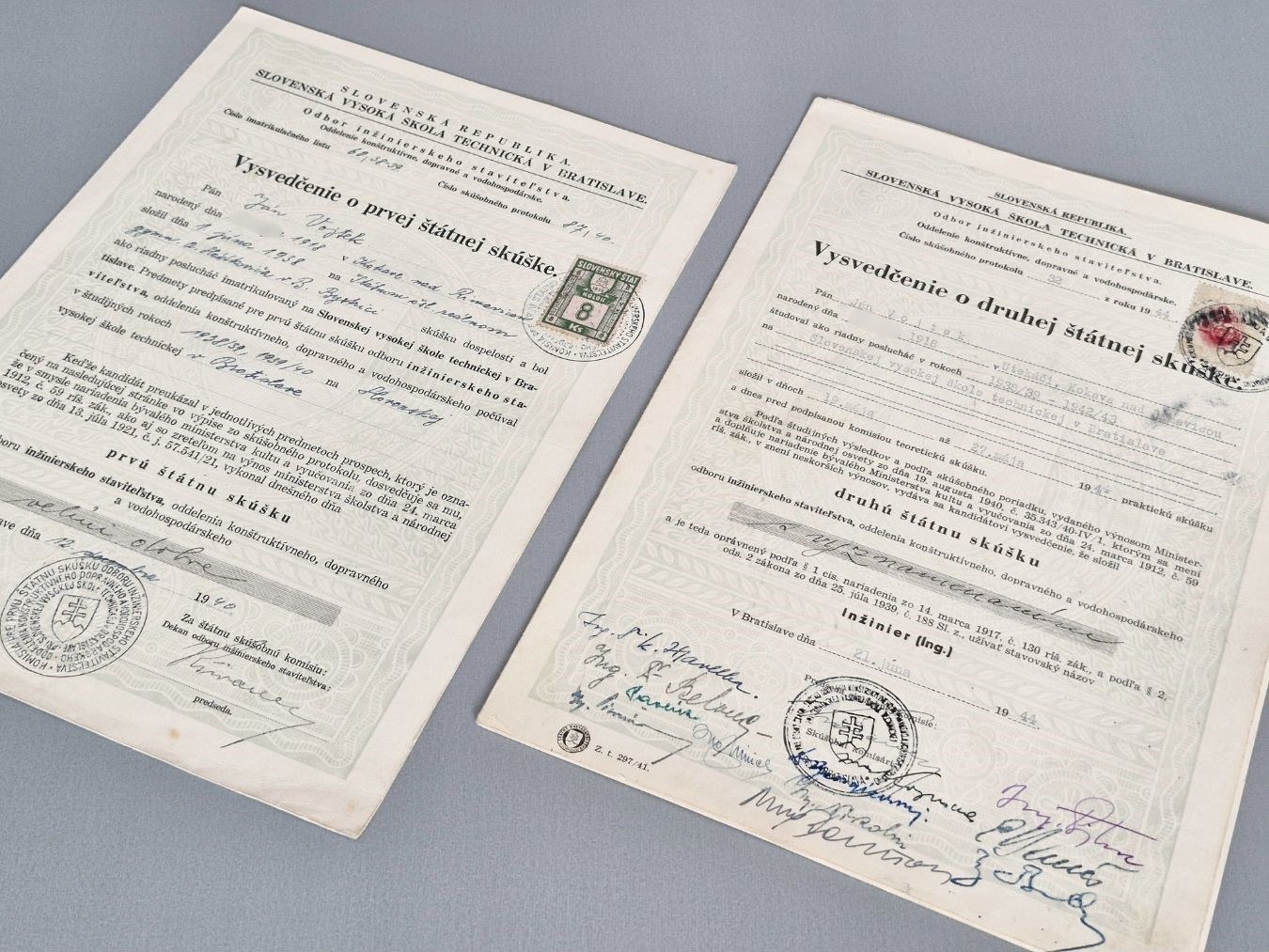 Študijné doklady J. Vojteka